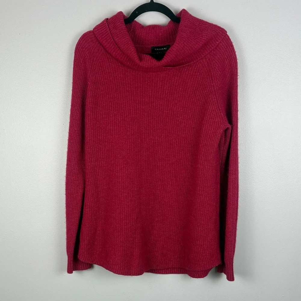 Tahari Merino Wool Cotton Blend Hot Pink Cowl Neck Long Sleeve Knit Sweater - Picture 2 of 9